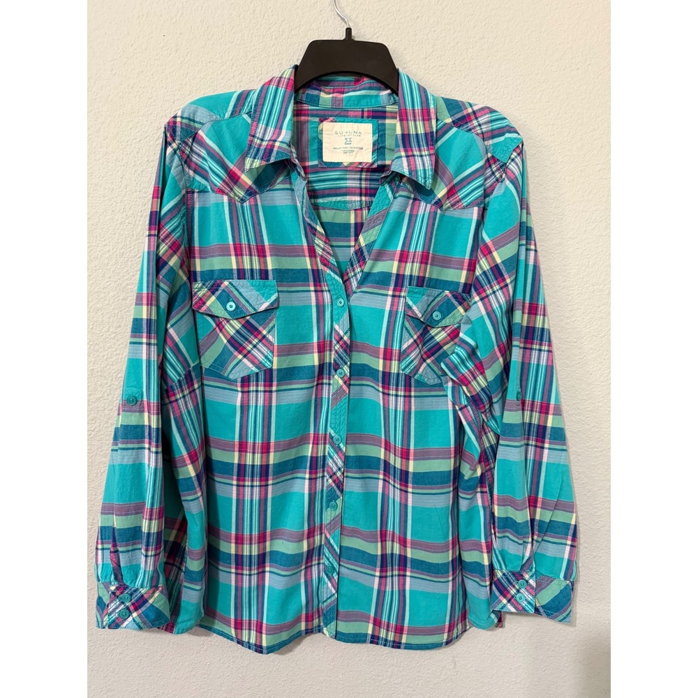 Sonoma Life + Style Womens 3X Shirt Plaid Button Down Western Teal Pink Purple